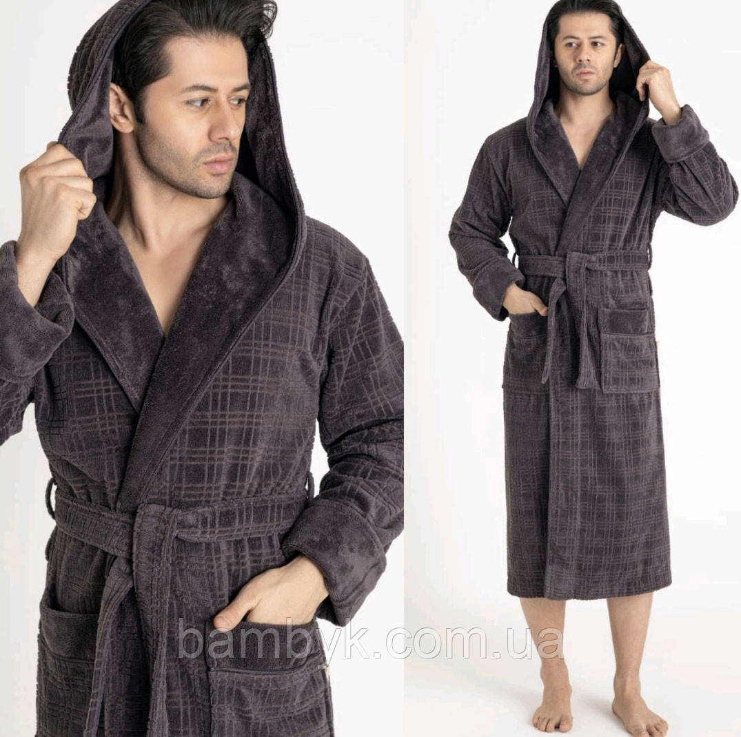 Чоловічий банний халат з капюшоном бамбуковий преміум якість Nusa коричневого кольору Nusa-1490