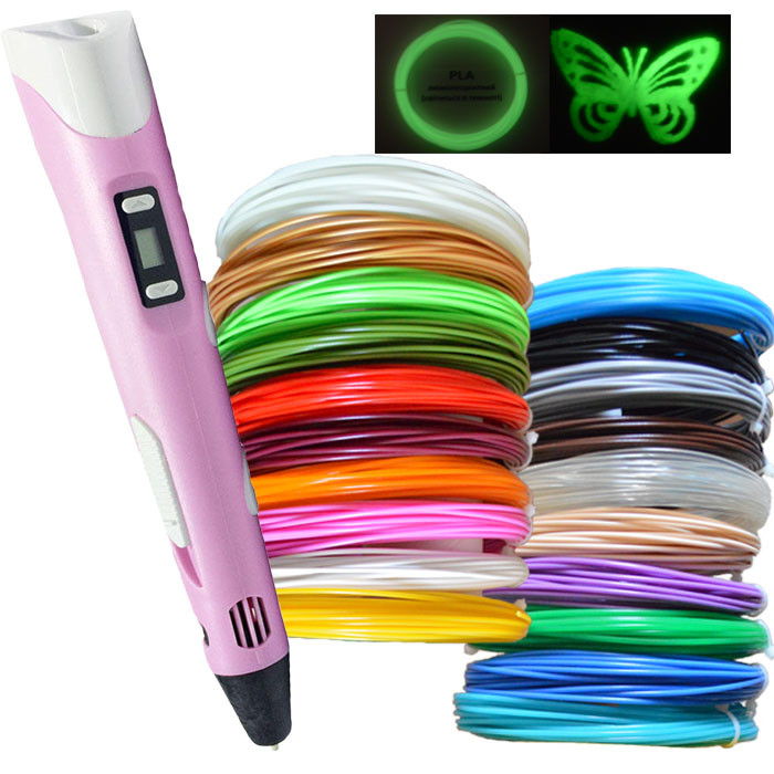 3D ручка рожева з LCD дисплеєм (Pen 3D-2) +Підставка + комплект пластику 20 кольорів, 200 метрів