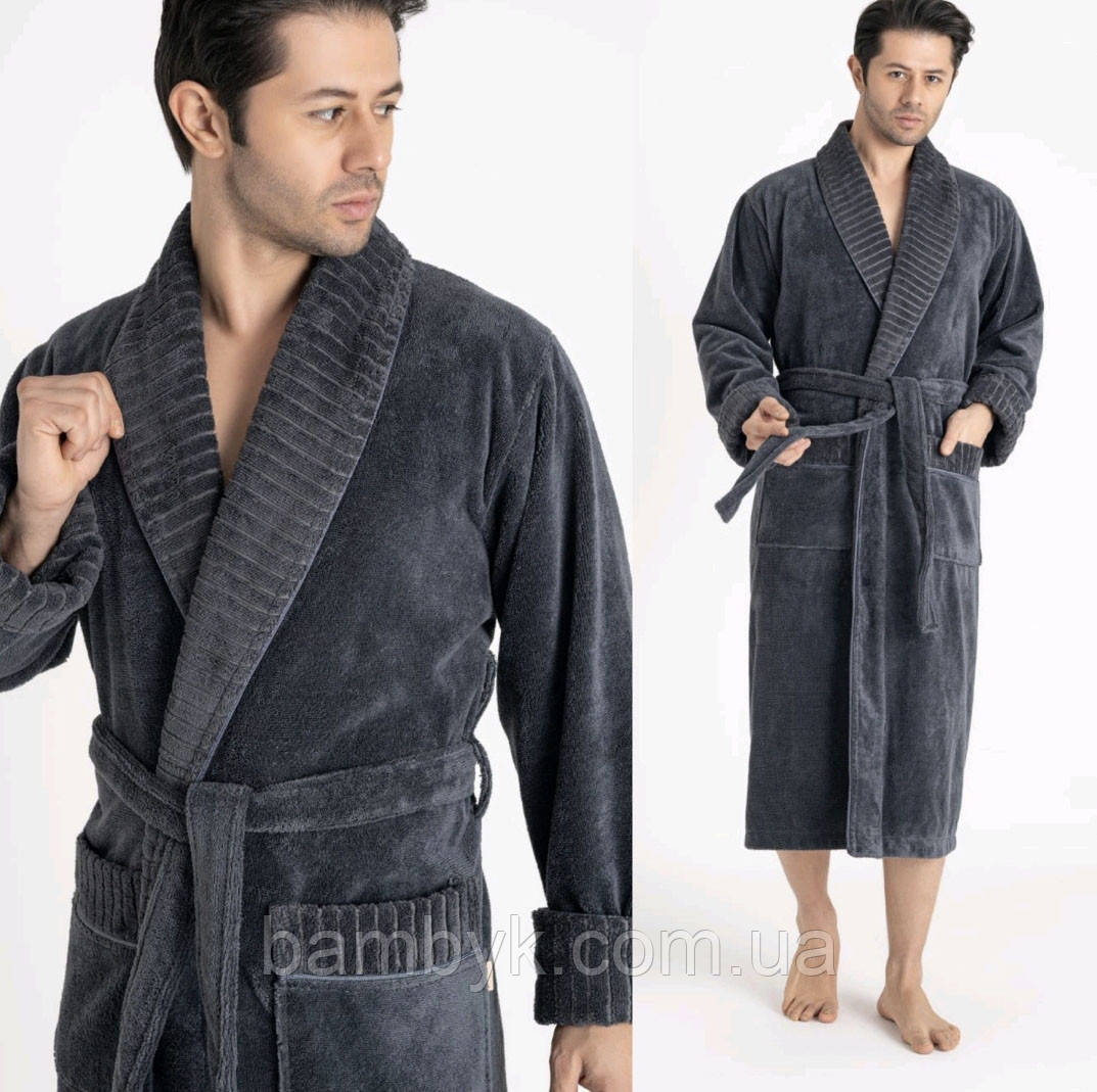 Чоловічий банний халат з шалевим коміром бамбуковий преміум якість Nusa темно-сірий Nusa-1330