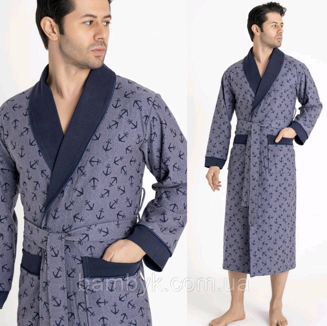 Чоловічий халат з шалевим коміром бамбуковий преміум якість Nusa морська тематика Nusa-25680