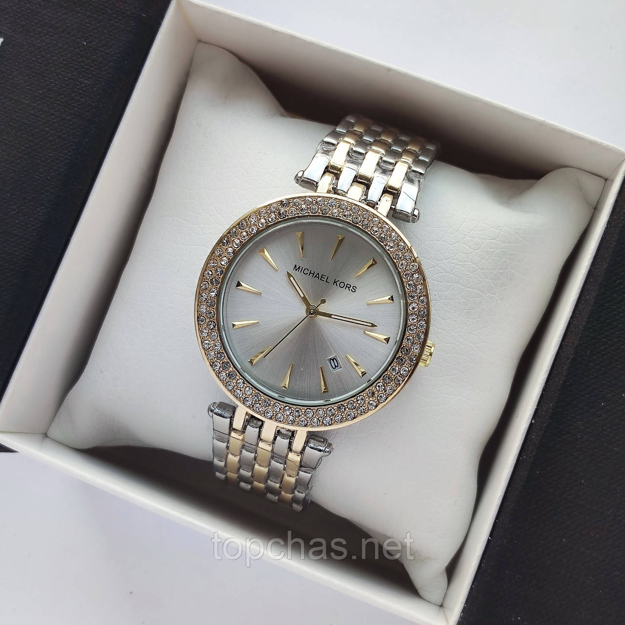Жіночий наручний годинник Michael Kors (майкл корс) комбінований зі сріблястим циферблатом, камінчики - код 2471b