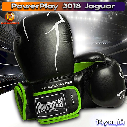 Боксерські рукавички для боксу та єдиноборств чорні з зеленим на липучці PowerPlay 3018 Jaguar 14 унцій, фото 1