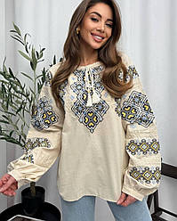 Жіноча вишита бежева блуза з традиційною різнокольоровою вишивкою хрестиком розміри S, M, L.