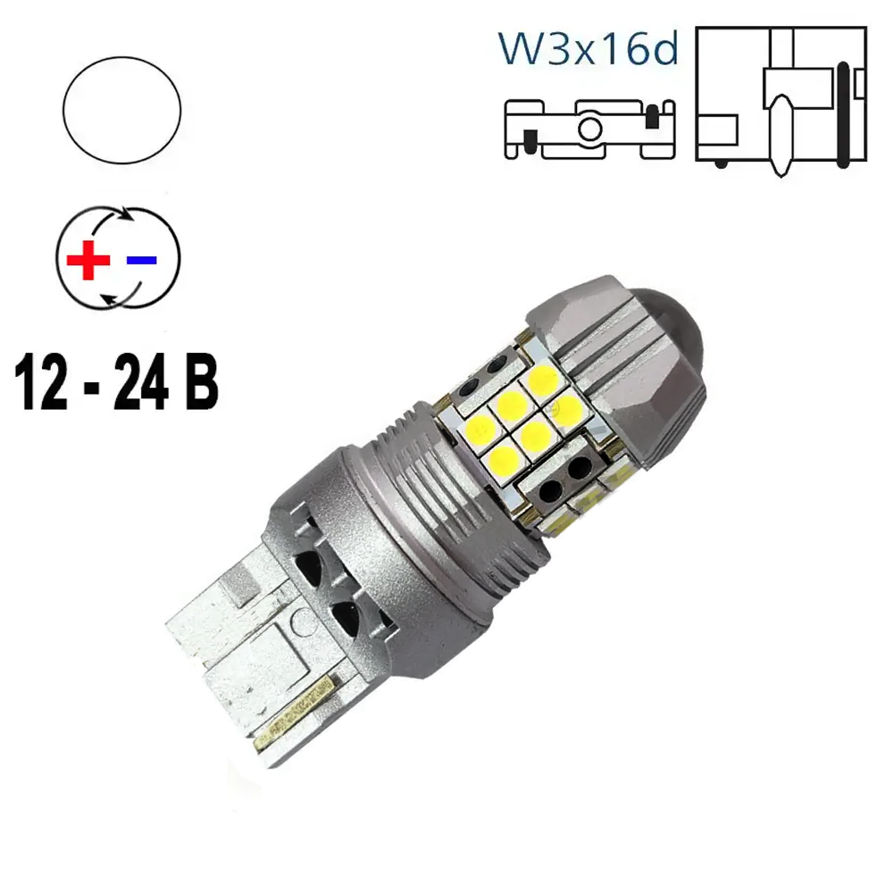 Автолампа світлодіодна Т20 W21W 7440, 3030x27smd, лінза, біполярна, 12-24 В, фото 1
