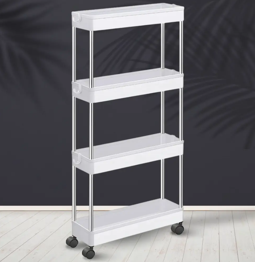 Вузька мобільна етажерка на коліщатках 4 полиці 38×13×87 см Stenson R93336 для кухні, ванної та зберігання речей, фото 1