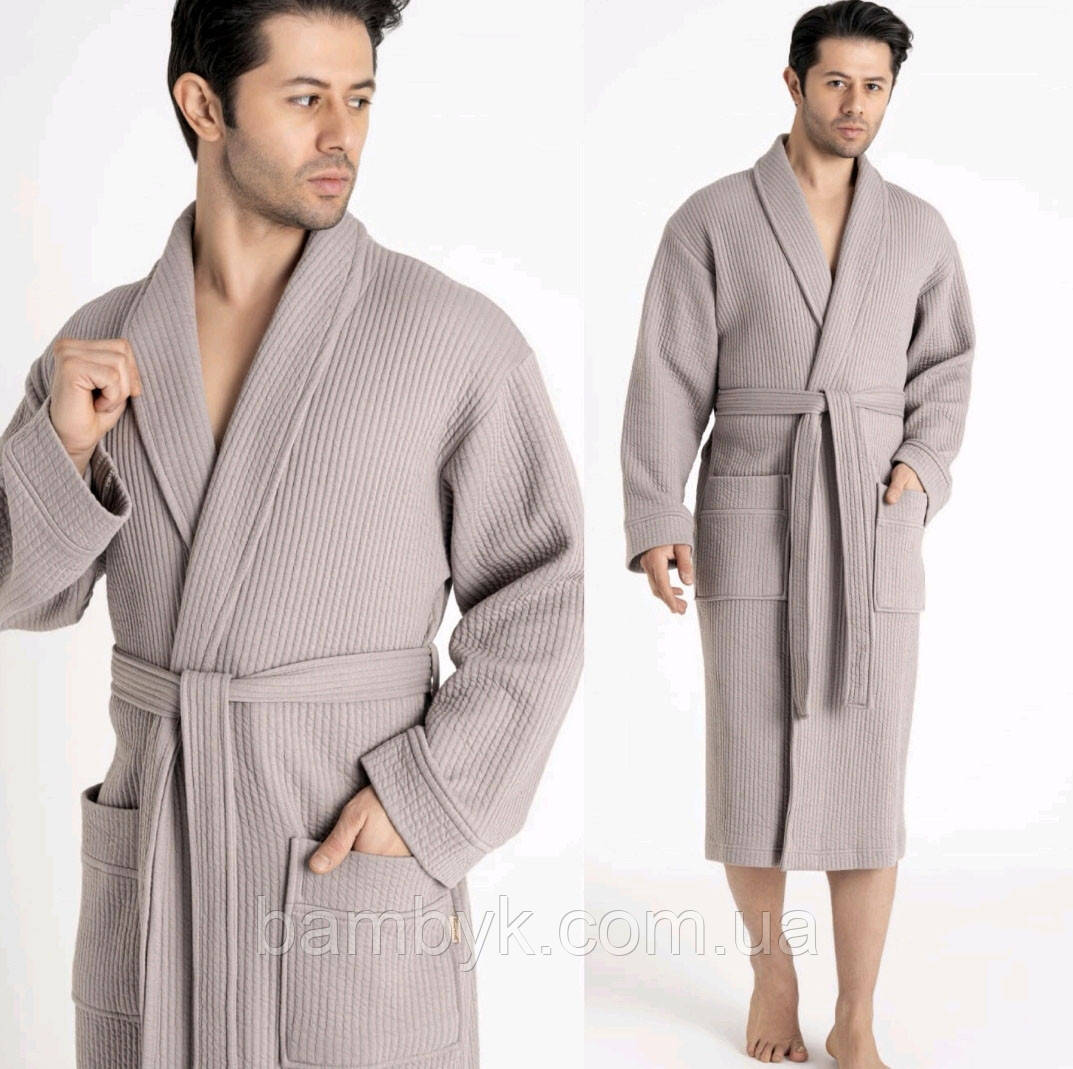 Легкий чоловічий халат з мусліну довгий на запах бавовняний преміум якість Nusa NS-24670