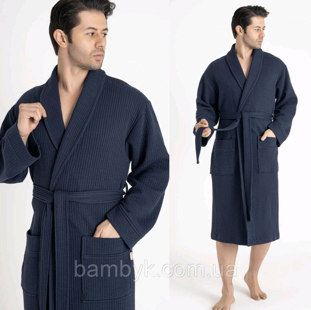 Легкий чоловічий халат з мусліну довгий на запах бавовняний преміум якість Nusa NS-24670