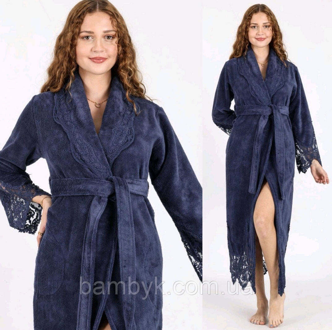 Довгий махровий халат на запах преміум якість Nusa NS-4355 прикрашений мереживом