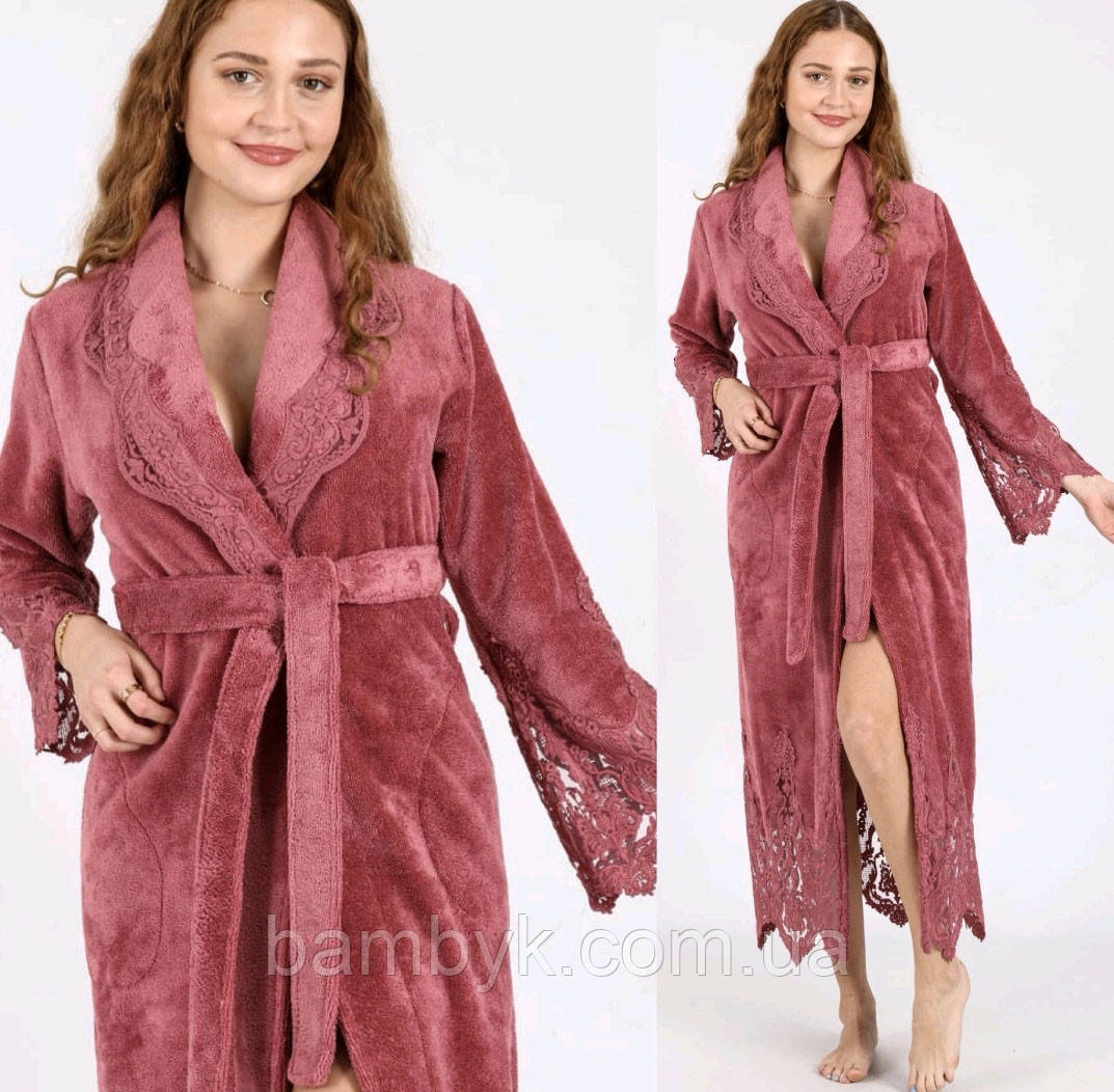 Довгий махровий халат на запах преміум якість Nusa NS-4355 прикрашений мереживом