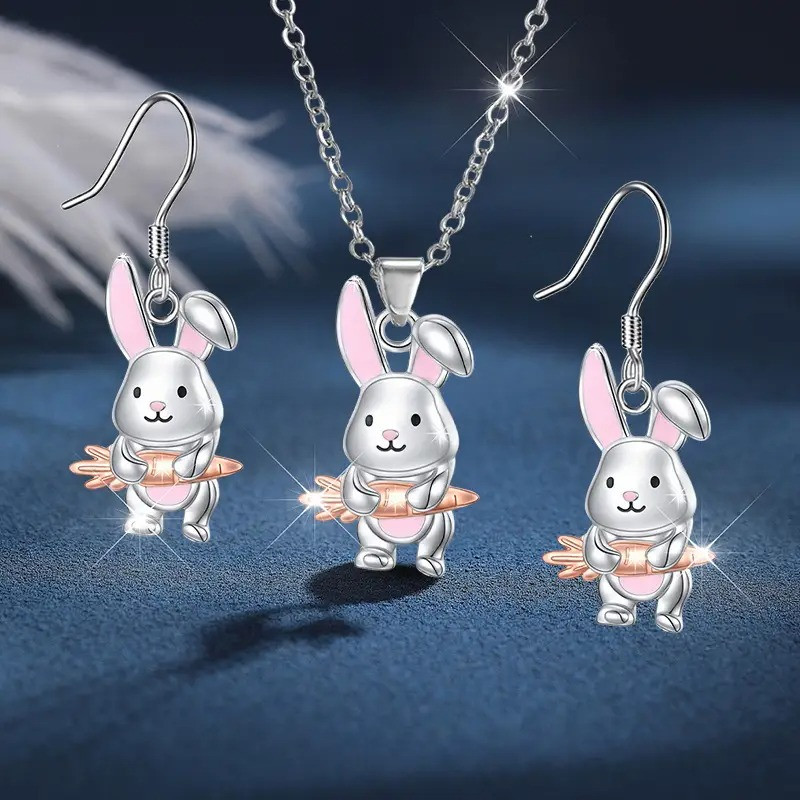 Модний набір сріблястий кулон на ланцюжку і сережки у формі зайчика з морквою для вечірки та свят, фото 1