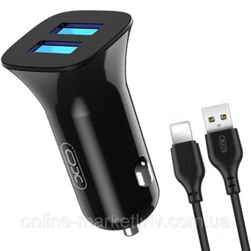 Автомобільний зарядний пристрій 12W, 2,4A, 2хUSB + Lightning, XO TZ10 / Адаптер автомобільний, фото 1
