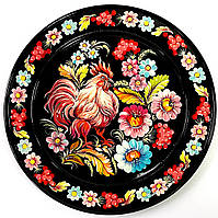 Тарілка Петриківський розпис ПІВЕНЬ у КВІТАХ ручної роботи з дерева 30 см Український сувенір