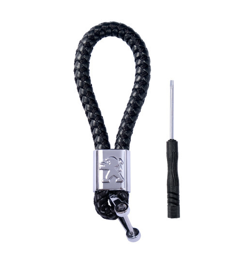 Брелок автомобільний для ключів Peugeot плетений джгут єкошкіра чорний + викрутка