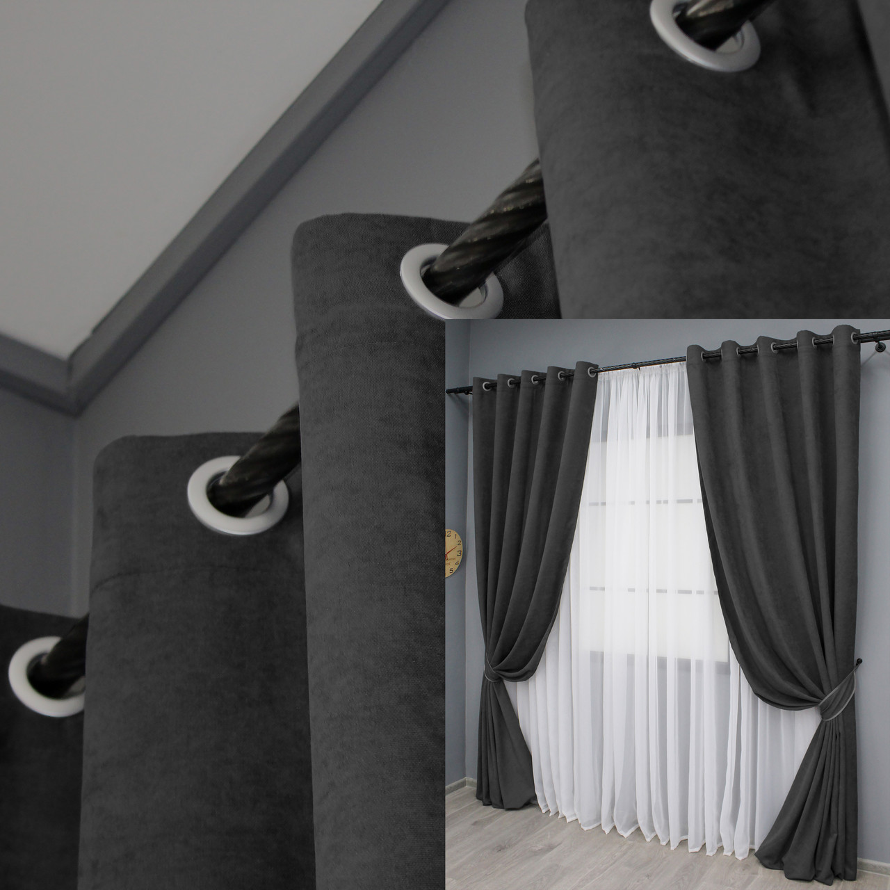Комплект (2шт. 1,5х2,7м.) штор на люверсах з тканини мікровелюр Petek. Колір темно-сірий. Код 1495ш 37-0213, фото 1