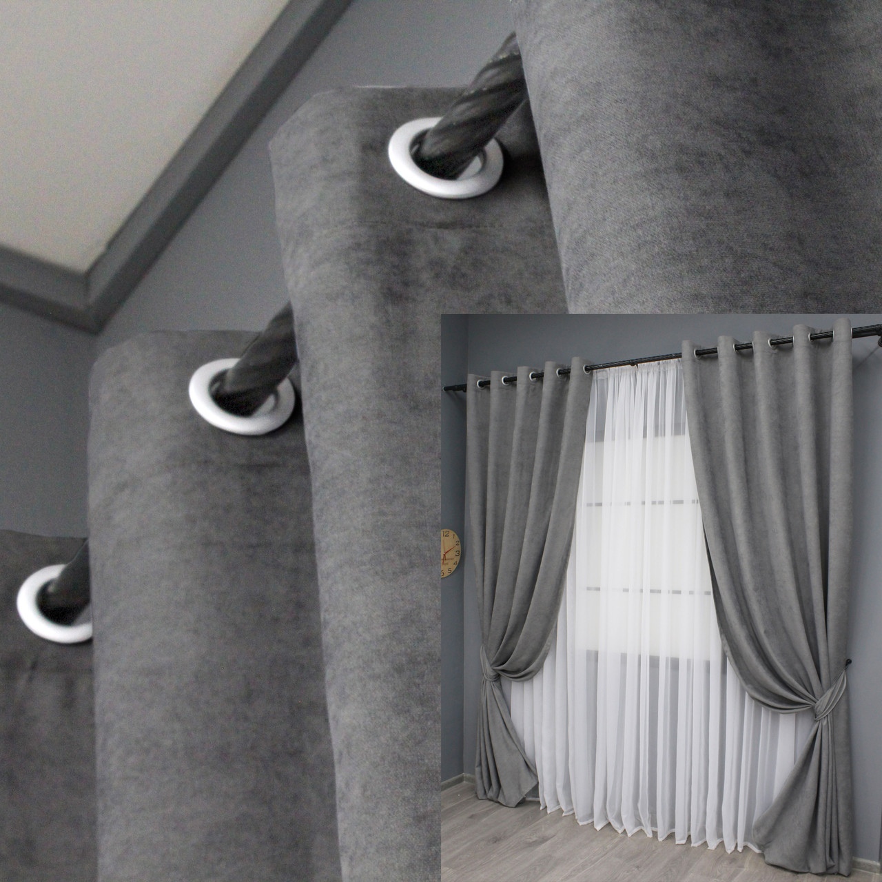 Комплект (2шт. 1,5х2,7м.) штор на люверсах з тканини мікровелюр Petek. Колір сірий. Код 1485ш 37-0214, фото 1