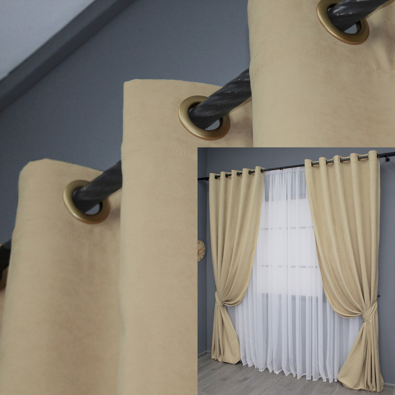 Комплект (2шт. 1,5х2,8м.) штор на люверсах з тканини мікровелюр Petek. Колір бежевий. Код 1491ш 37-0215, фото 1