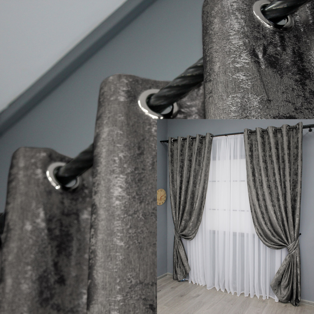 Комплект (2шт. 1,5х2,5м.) штор на люверсах, жакард "Sultan XO", Туреччина. Колір темно-сірий. Код 1558ш 37-0182, фото 1