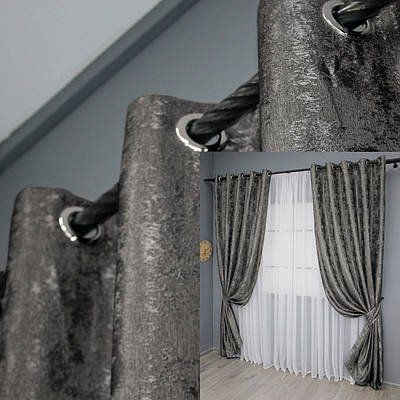 Комплект (2шт. 1,5х2,5м.) штор на люверсах, жакард "Sultan XO", Туреччина. Колір темно-сірий. Код 1558ш 37-0182