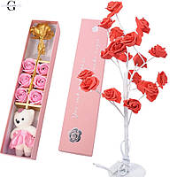 Подарунковий набір: мильні троянди 6шт, золота троянда1 шт, сувенірний ведмедик і нічник на 12 троянд (USB)