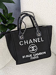 Сумка шопер Chanel Deauville Large чорний+білі букви Є