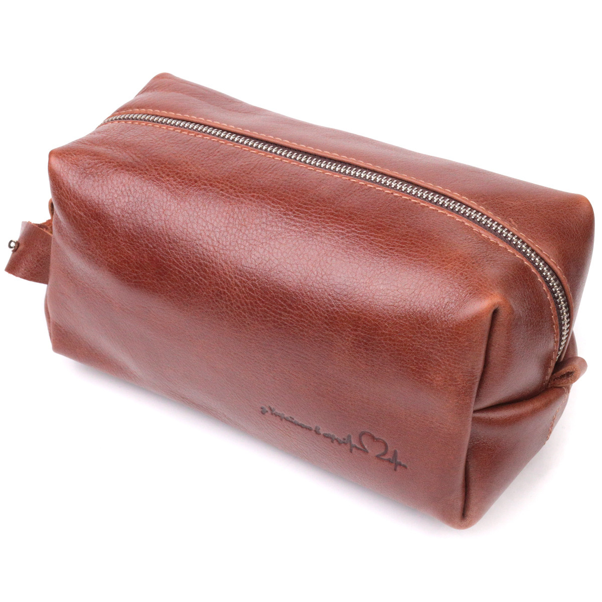 Чоловіча косметичка великого розміру з гладкої шкіри на блискавці Серце GRANDE PELLE 16768 Світло-коричнева, фото 1