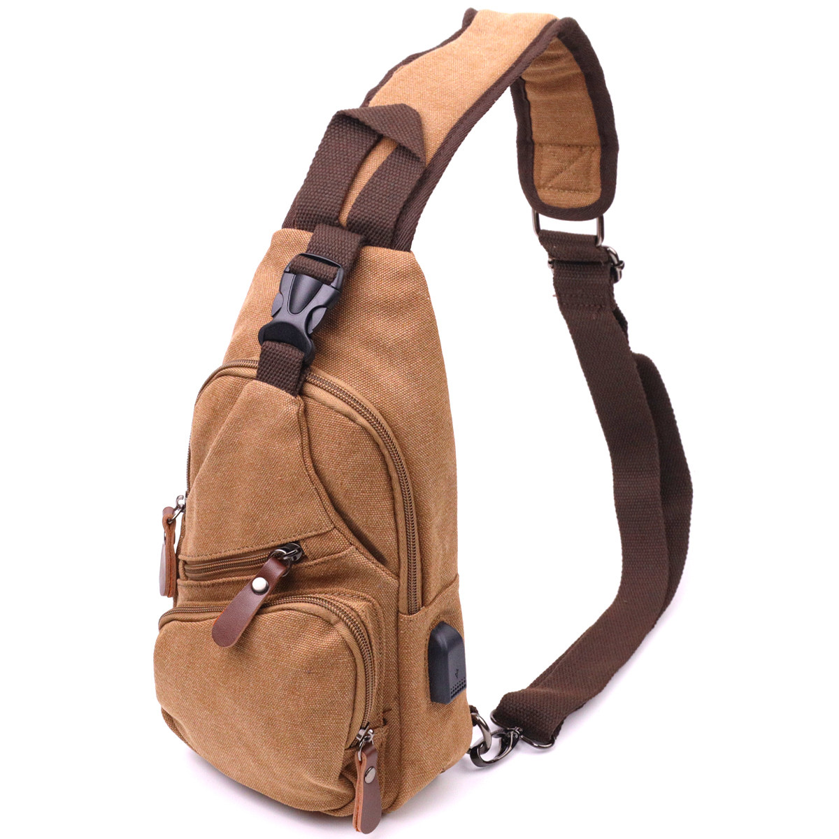 Практична чоловіча сумка через плече з USB кабелем текстильна 21222 Vintage Коричнева, фото 1