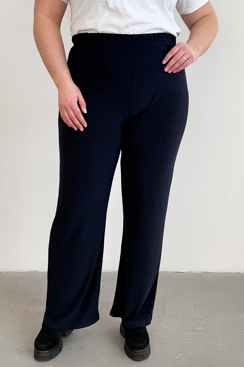 Жіночі штани батал з трикотажу масло прямі без застібок великі розміри 52-66 темно-сині