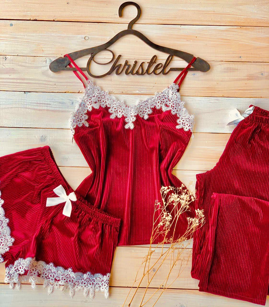 Комплект трійка піжама майка, шорти і штани в рубчик Christel 066 червоний S