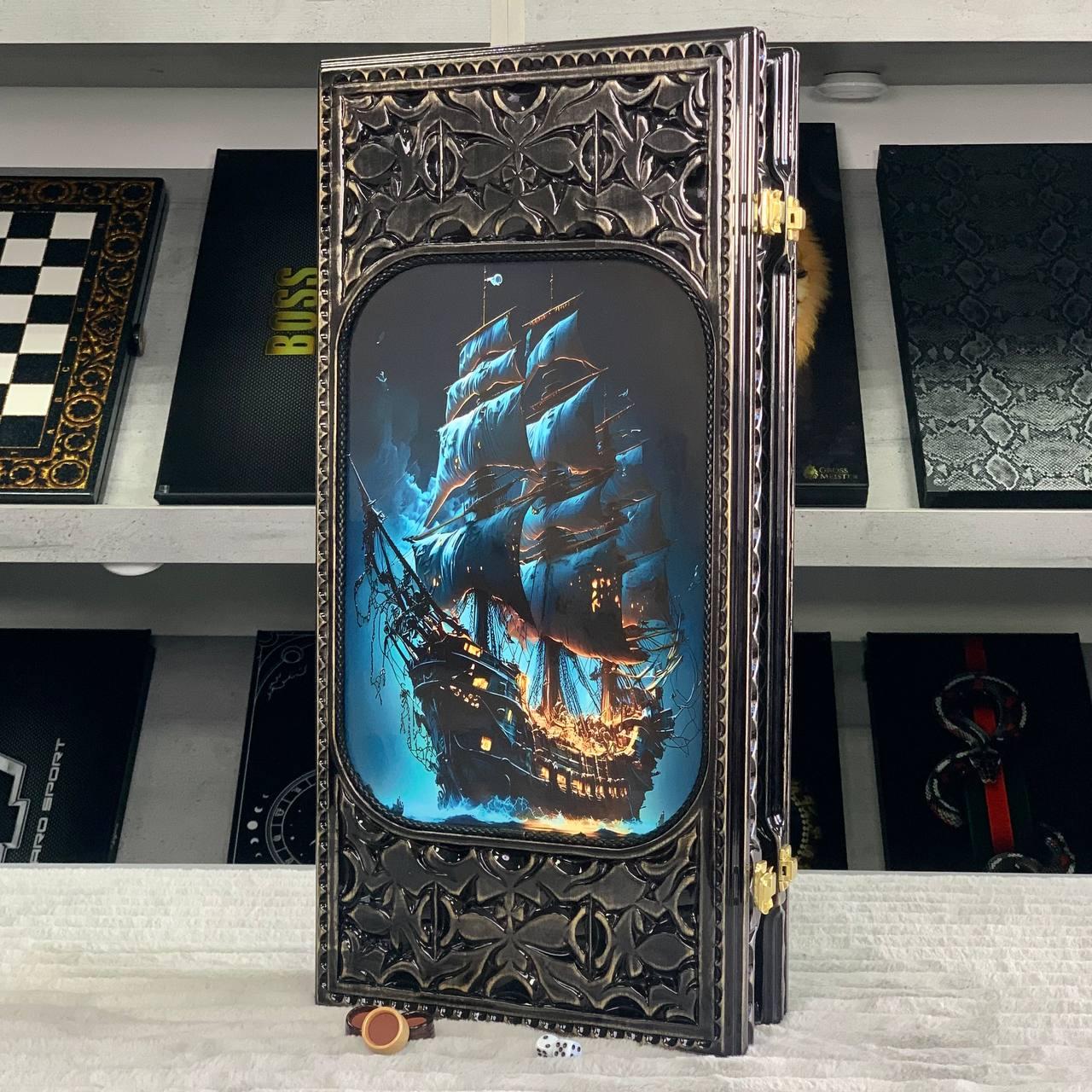 Нарди дерев'яні ручної роботи Скарби Океану ігрове поле скляне 58×28×10см, фото 1