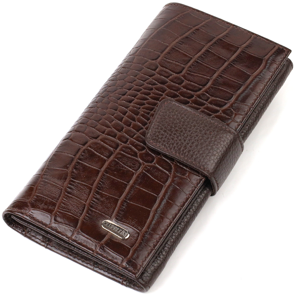 Містке вертикальне чоловіче портмоне з натуральної шкіри з тисненням під крокодила CANPELLINI 21837 Коричневе, фото 1
