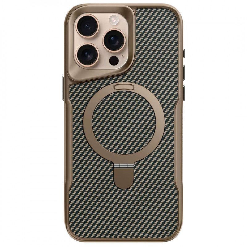 Чохол Metal Buttons with MagSafe Carbon Ring для Apple iPhone 16 Pro (6.3") | З кільцем-підставкою Золотий