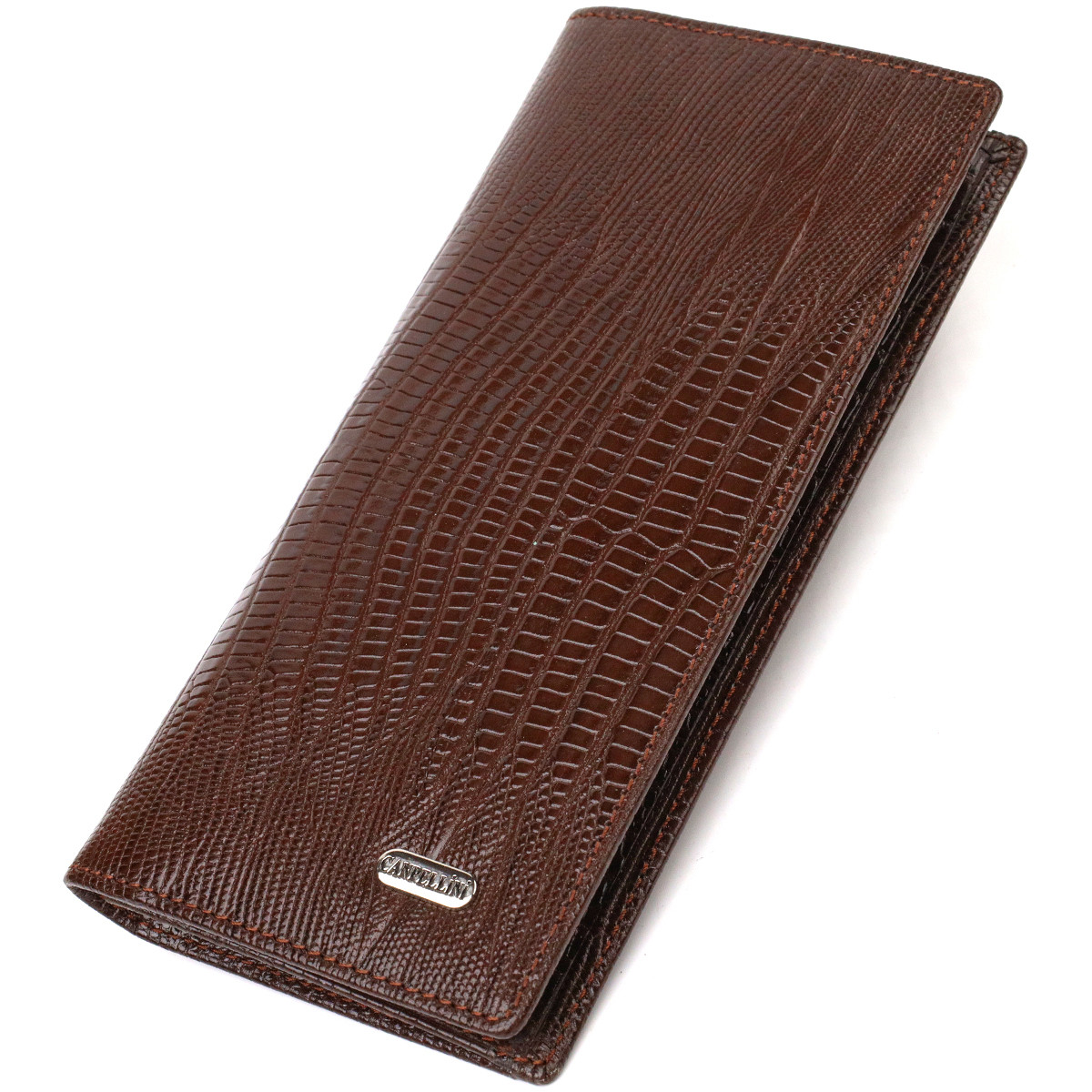 Фактурний чоловічий вертикальний гаманець без застібки з натуральної шкіри з тисненням CANPELLINI 21903 Коричневий, фото 1