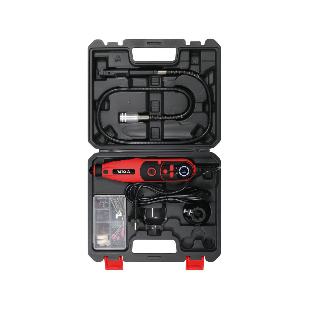 Міні-шліфмашинка від електромережі 230 В (130Вт) зі шпинделями Ø= 2.3 і 3.2 мм з аксесуарами 83 ел. Yato YT-82077, фото 1