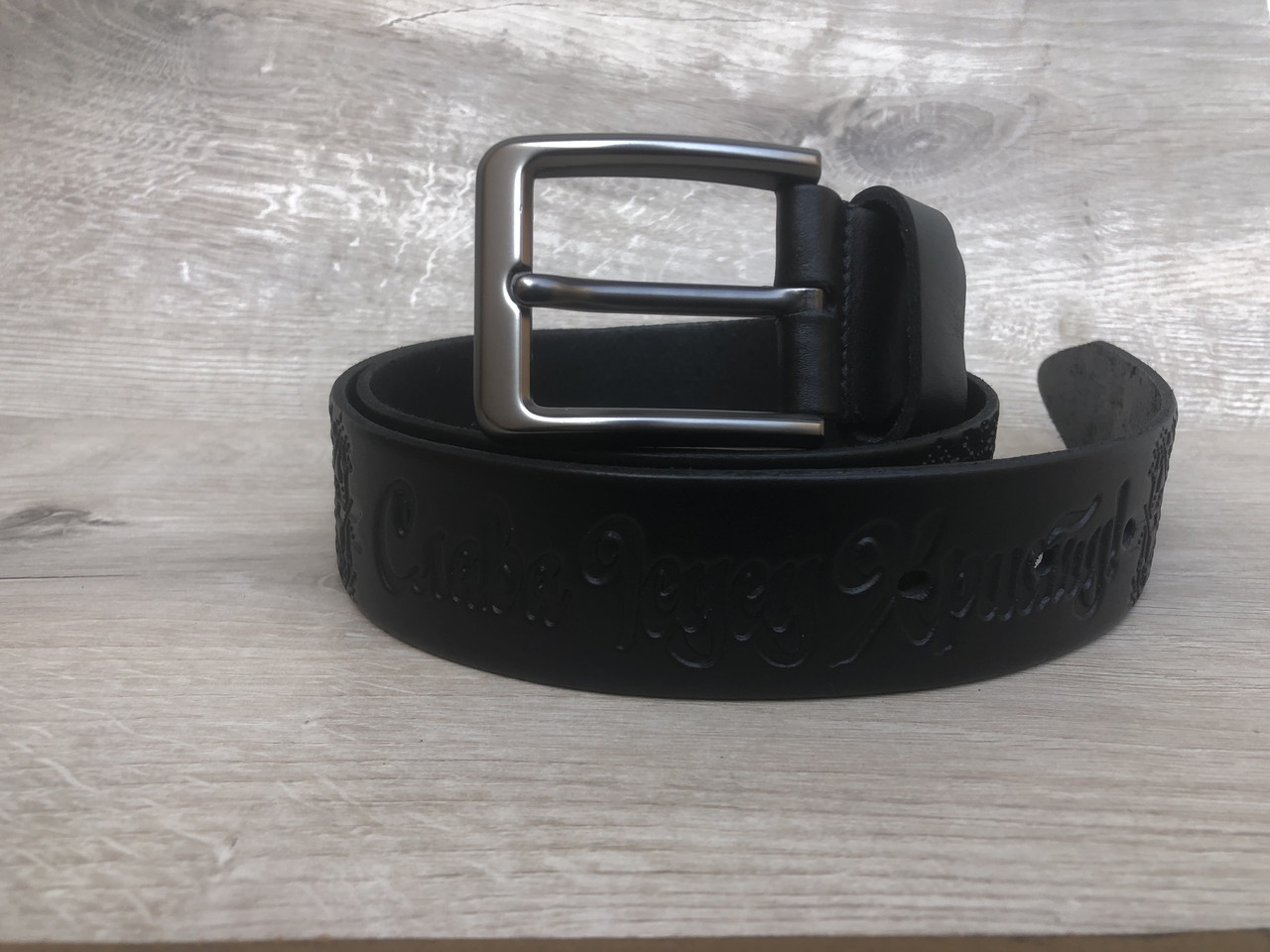 Ремінь шкіряний з написом: "Слава Ісусу Христу", чорний.