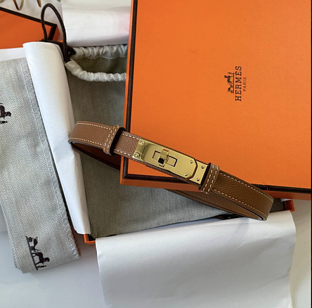 Жіночий коричневий шкіряний ремінь Hermes Kelly 1.8 см із золотою пряжкою ермес, фото 1
