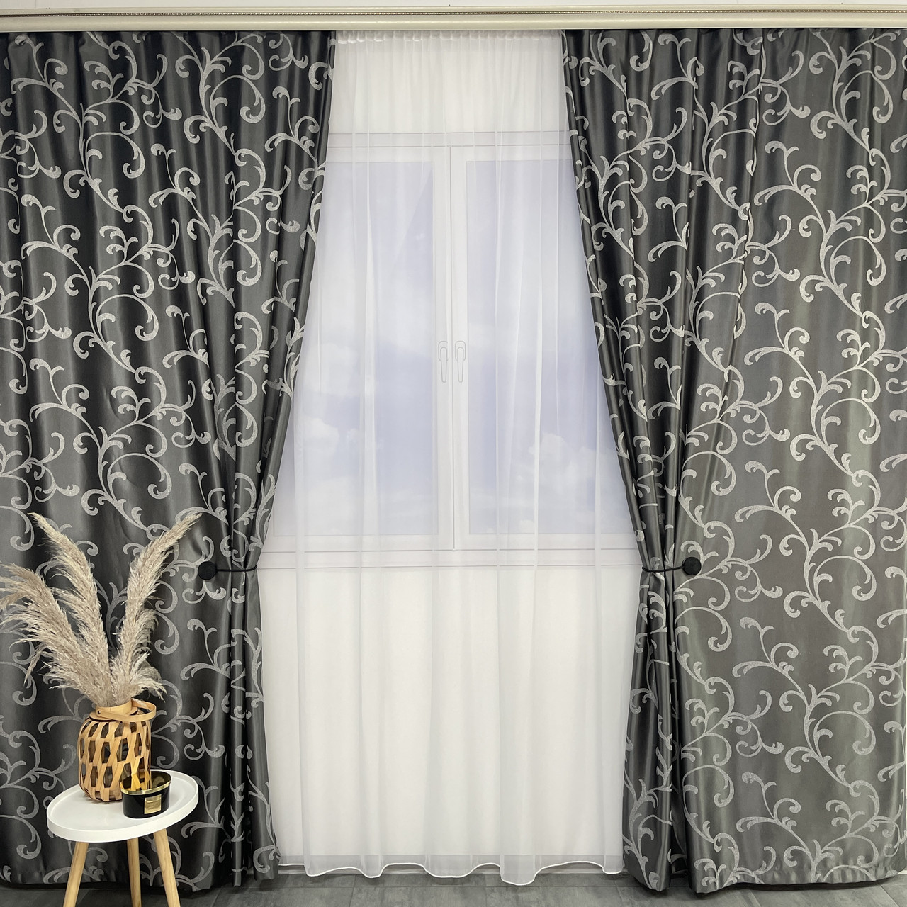 Готові жакардові штори з тюлем, Сірого кольору ALBO (SHTN-M32-6), фото 1