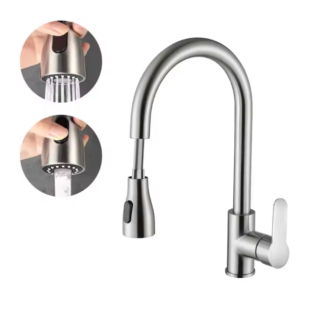 Смеситель для кухни с выдвижным изливом, 2 режима лейки. Никель - фото 1 - id-p2518190103