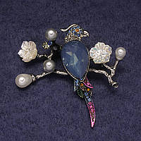 Брошка кулон Папуга синій кристал, кольорові стрази та намистини, сріблястий метал 50х48мм купити біжутерію оптом в інтернеті