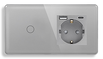 Сенсорний вимикач (1кл.) + Розетка з USB і Type-C 1DAL | Сірий Скло (G157D-SW1G-STUTC.GR)