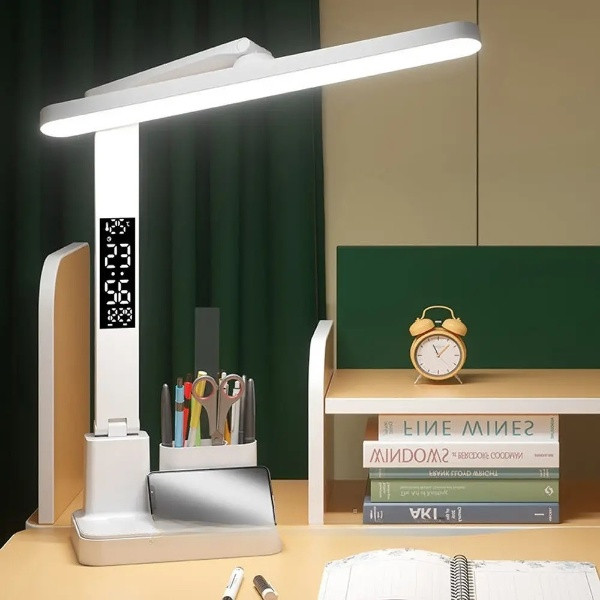 Настільна світлодіодна USB Led лампа з годинником (801S). Акумуляторний настільний світильник.