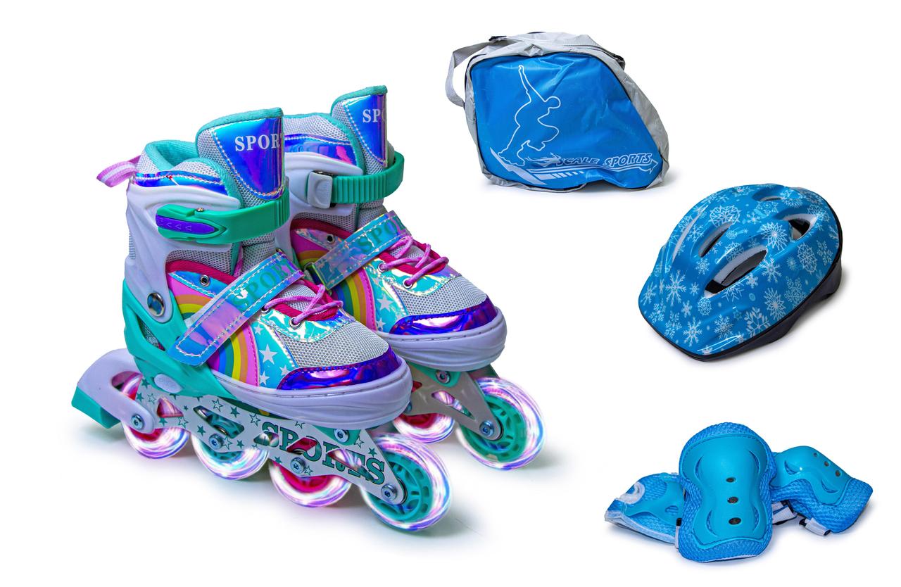 Комплект дитячих роликів Scale Sports Rainbow. Усі колеса світяться. Бірюзовий. Розмір 34-37