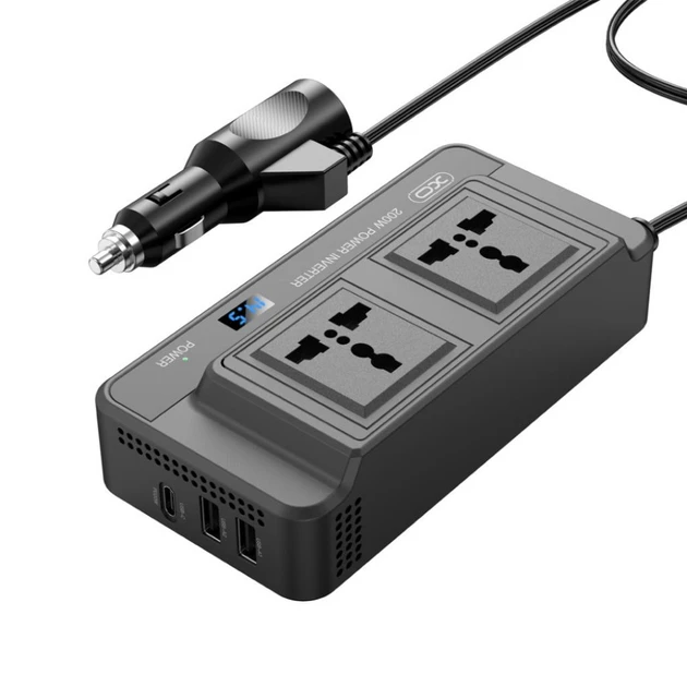 Автомобільний інвертор XO 200 W (x2 USB, Type-С, LED-дисплей, розетка в машину)