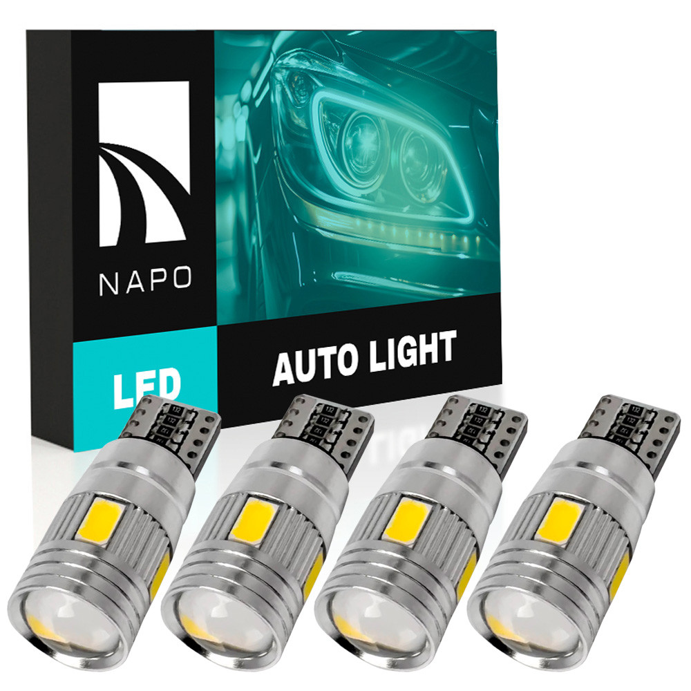 Комплект світлодіодних ламп NAPO LED T10-5630-6smd-Lens W5W T10 колір світіння білий 4 шт