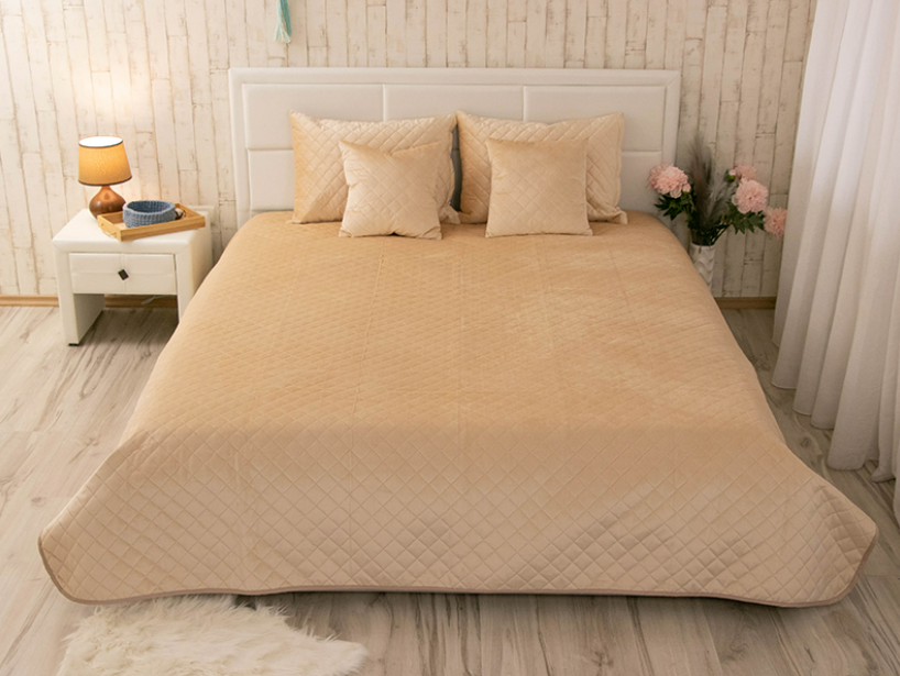 Покривало стьобане двоспальне 180х220 велюрові, якісне стьобане покривало стильне Бежевий, фото 1