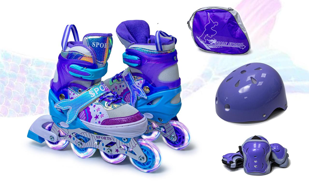 Дитячі ролики із захистом та шоломом Scale Sports The Little Mermaid. Фіолетовий набір. Розмір 34-37