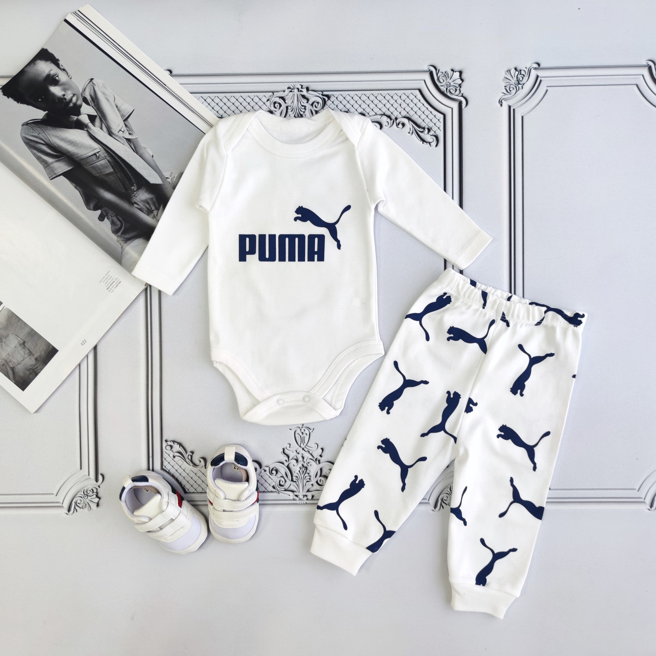 Комплект Puma білий бодік з довгим рукавом і штани для новонароджених