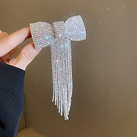 Заколка автомат Бант зі стразами 7*15 см срібляста