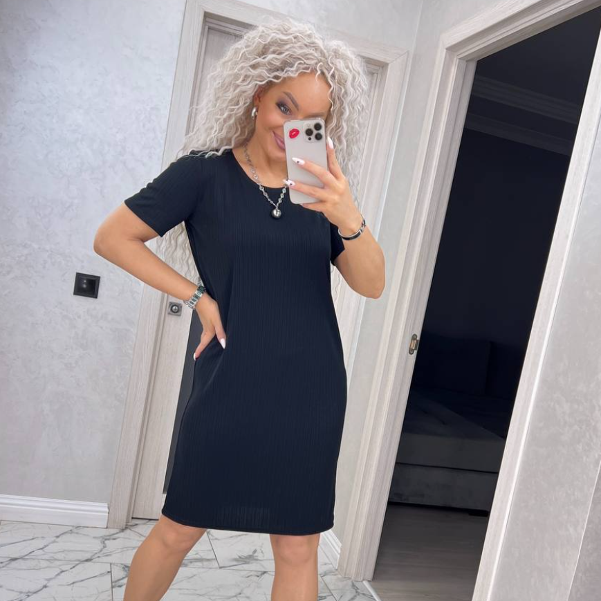 Вільна літня жіноча сукня футболка в рубчик чорна пряме спортивне плаття на кожен день, фото 1