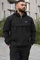 Чоловічий чорний анорак Nike весняний осінній на блискавці з плащівки, Спортивна куртка-вітровка Найк чорного кольору з капюшоном