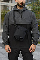 Чоловічий сірий анорак Nike весняний осінній на блискавці з плащівки, Спортивна куртка-вітровка Найк сірого кольору з капюшоном
